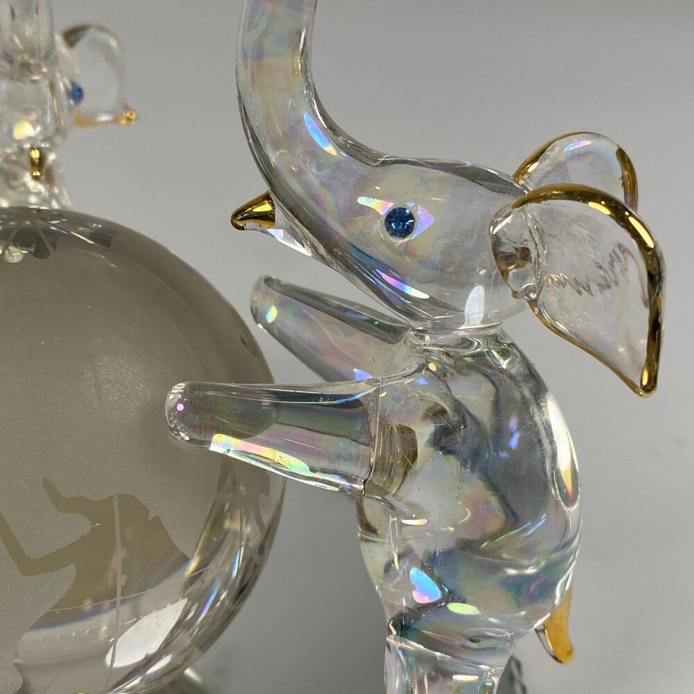3 Hand Blown Glass Elephants on Globe Figurine Blue Rhinestone Eyes Mirror Base - Picture 7 of 11